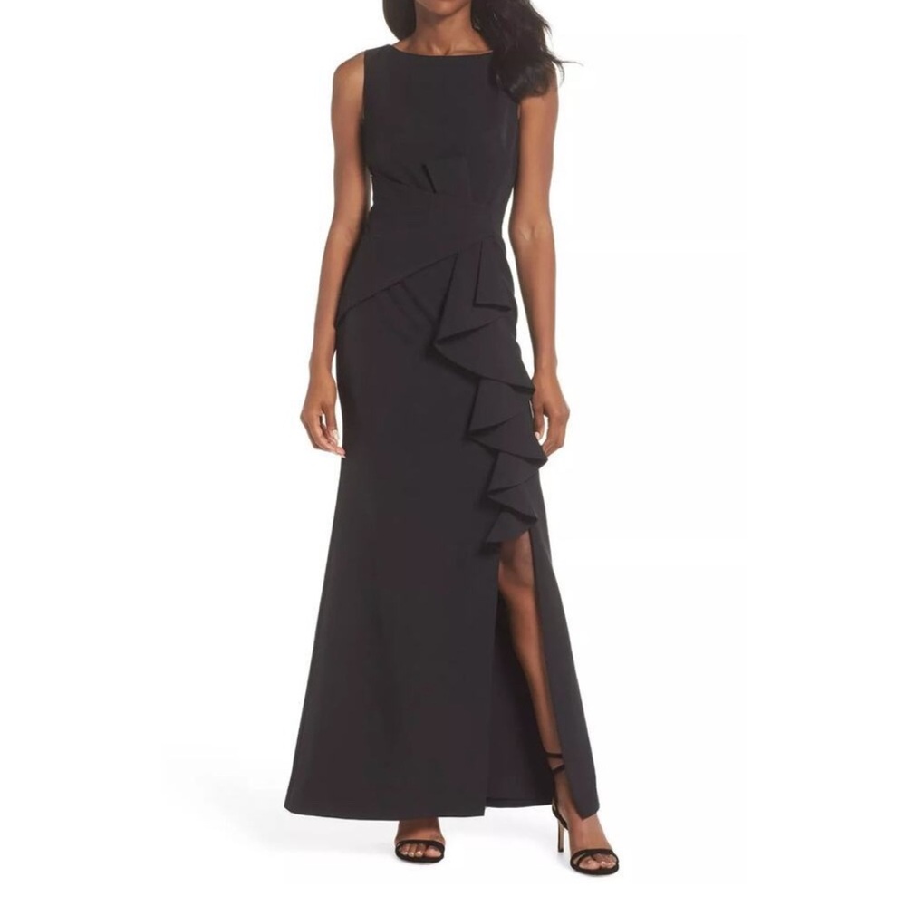 Eliza J Sleeveless Cascading Ruffle Gown Black Size 12